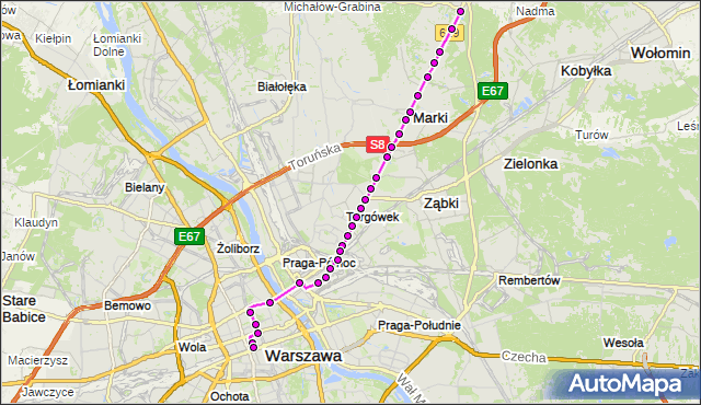 Mapa Polski Targeo, Autobus N61 - trasa STRUGA MK - DW.CENTRALNY. ZTM Warszawa na mapie Targeo
