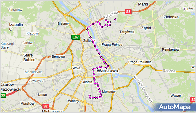 Mapa Polski Targeo, Autobus 118 - trasa SPARTAŃSKA - SUWALSKA. ZTM Warszawa na mapie Targeo