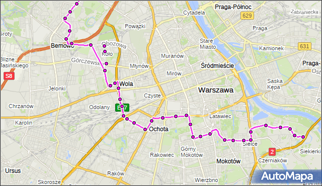 Mapa Polski Targeo, Autobus 167 - trasa SIEKIERKI-SANKTUARIUM - CHOMICZÓWKA. ZTM Warszawa na mapie Targeo