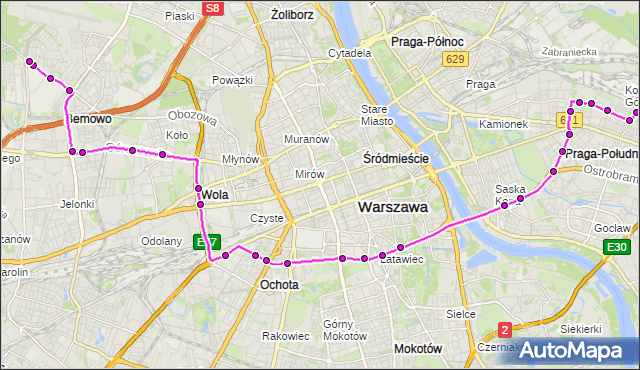 Mapa Polski Targeo, Autobus 523 - trasa PKP OLSZYNKA GROCHOWSKA - STARE BEMOWO. ZTM Warszawa na mapie Targeo