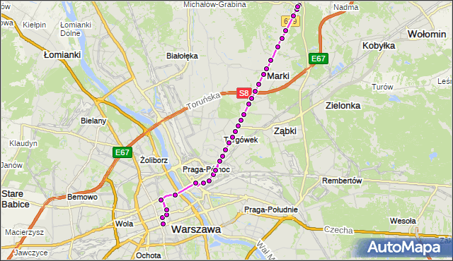 Mapa Polski Targeo, Autobus N61 - trasa DW.CENTRALNY - STRUGA MK. ZTM Warszawa na mapie Targeo