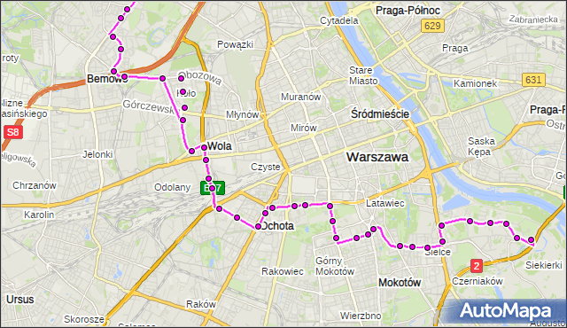 Mapa Polski Targeo, Autobus 167 - trasa CHOMICZÓWKA - SIEKIERKI-SANKTUARIUM. ZTM Warszawa na mapie Targeo