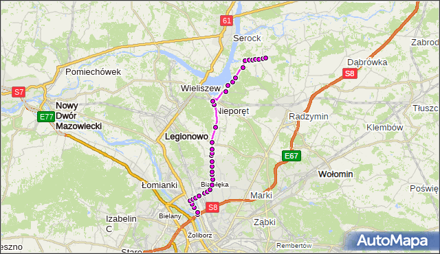 Mapa Polski Targeo, Autobus 734 - trasa ŻERAŃ FSO - NOWE ZAŁUBICE ZN. ZTM Warszawa na mapie Targeo