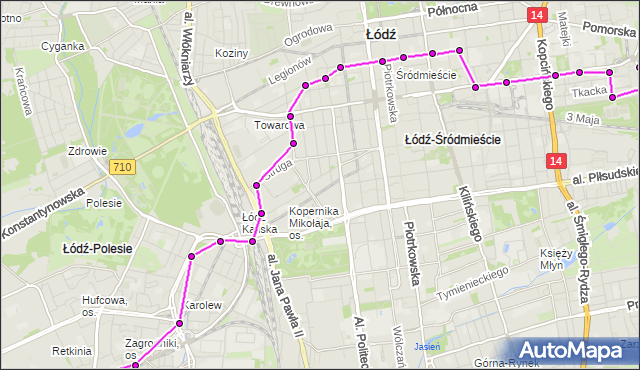 Mapa Polski Targeo, Autobus 86 - trasa Maratońska - Narutowicza. MPKLodz na mapie Targeo