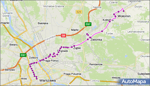 Mapa Polski Targeo, Autobus N62 - trasa DW.CENTRALNY - OS.NIEPODLEGŁOŚCI WM. ZTM Warszawa na mapie Targeo