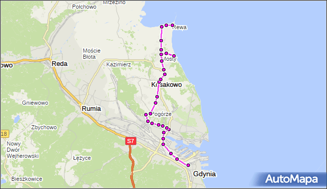 Mapa Polski Targeo, Autobus 146 - trasa Gdynia Dworzec Gł. PKP - Hala - Rewa. ZKMGdynia na mapie Targeo