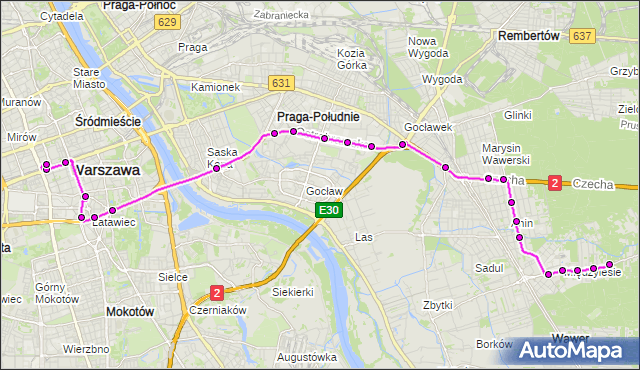 Mapa Polski Targeo, Autobus 525 - trasa MIĘDZYLESIE - DW.CENTRALNY. ZTM Warszawa na mapie Targeo