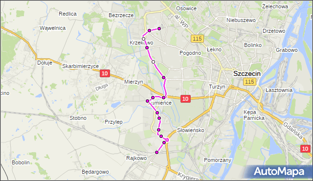 Mapa Polski Targeo, Autobus 60 - trasa Cukrowa - Klonowica Zajezdnia. ZDiTM Szczecin na mapie Targeo