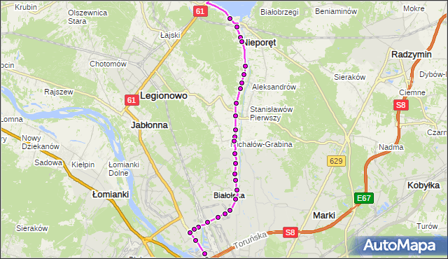 Mapa Polski Targeo, Autobus 735 - trasa ZEGRZE PŁD. ZP - ŻERAŃ FSO. ZTM Warszawa na mapie Targeo