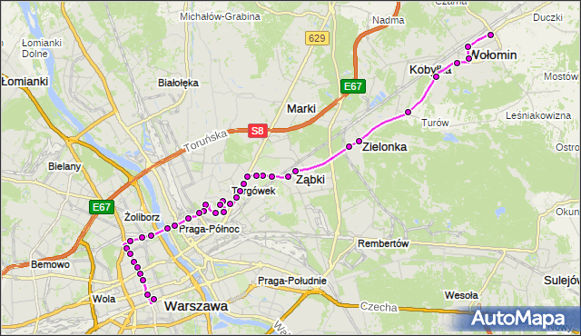 Mapa Polski Targeo, Autobus N62 - trasa OS.NIEPODLEGŁOŚCI WM - DW.CENTRALNY. ZTM Warszawa na mapie Targeo