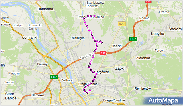 Mapa Polski Targeo, Autobus 120 - trasa OLESIN - DW.WSCHODNI (KIJOWSKA). ZTM Warszawa na mapie Targeo