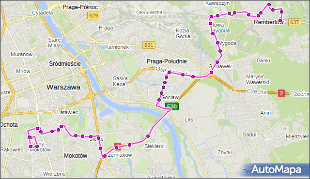 Mapa Polski Targeo, Autobus 168 - trasa RAKOWIECKA-KOŚCIÓŁ - REMBERTÓW-KOLONIA. ZTM Warszawa na mapie Targeo