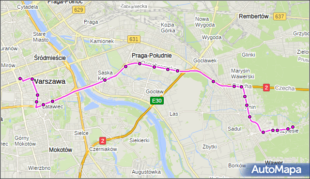 Mapa Polski Targeo, Autobus 525 - trasa DW.CENTRALNY - MIĘDZYLESIE. ZTM Warszawa na mapie Targeo