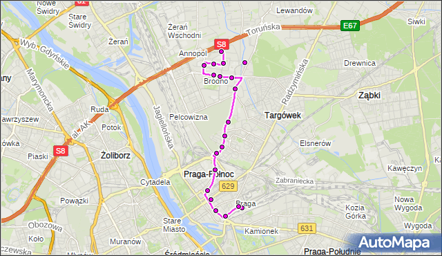 Mapa Polski Targeo, Autobus 169 - trasa DW.WSCHODNI (KIJOWSKA) - BRÓDNO-PODGRODZIE. ZTM Warszawa na mapie Targeo