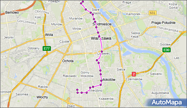 Mapa Polski Targeo, Autobus 222 - trasa KONWIKTORSKA - SPARTAŃSKA. ZTM Warszawa na mapie Targeo