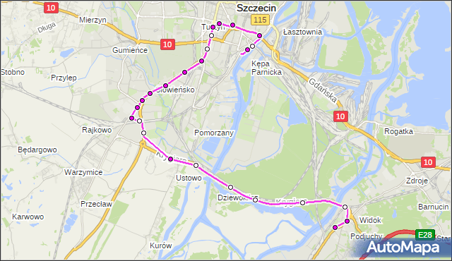 Mapa Polski Targeo, Autobus 61 - trasa Dworzec Główny - Podjuchy Pętla. ZDiTM Szczecin na mapie Targeo