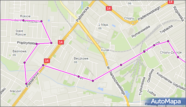 Mapa Polski Targeo, Autobus 63 - trasa Chojny - św. Franciszka. MPKLodz na mapie Targeo