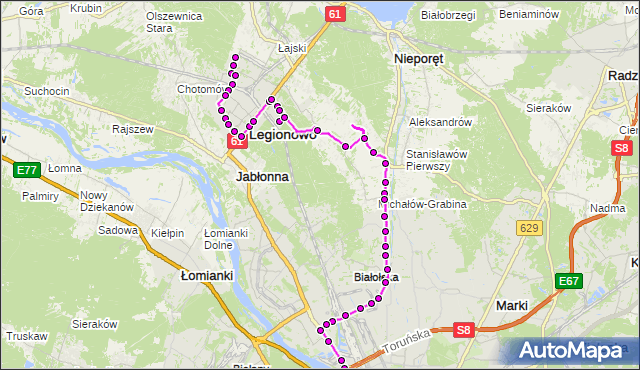 Mapa Polski Targeo, Autobus 736 - trasa OS.MŁODYCH LG - ŻERAŃ FSO. ZTM Warszawa na mapie Targeo