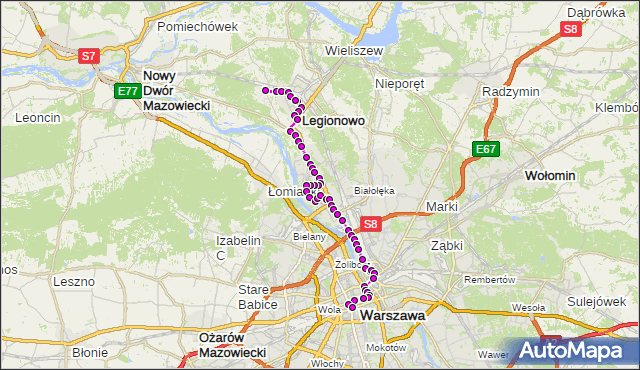 Mapa Polski Targeo, Autobus N63 - trasa OS.JAGIELLOŃSKA LG - DW.CENTRALNY. ZTM Warszawa na mapie Targeo