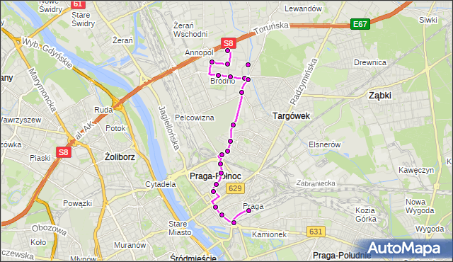 Mapa Polski Targeo, Autobus 169 - trasa BRÓDNO-PODGRODZIE - DW.WSCHODNI (KIJOWSKA). ZTM Warszawa na mapie Targeo