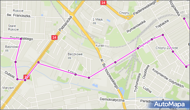 Mapa Polski Targeo, Autobus 63 - trasa Św. Franciszka - Dworzec Łódź - Chojny. MPKLodz na mapie Targeo