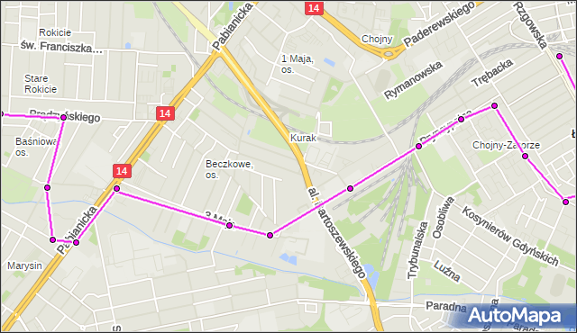 Mapa Polski Targeo, Autobus 63 - trasa Św. Franciszka - Dworzec Łódź - Chojny. MPKLodz na mapie Targeo