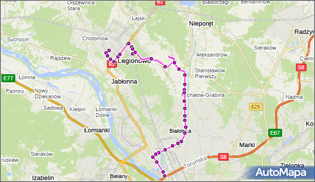 Mapa Polski Targeo, Autobus 736 - trasa MICKIEWICZA LG - ŻERAŃ FSO. ZTM Warszawa na mapie Targeo