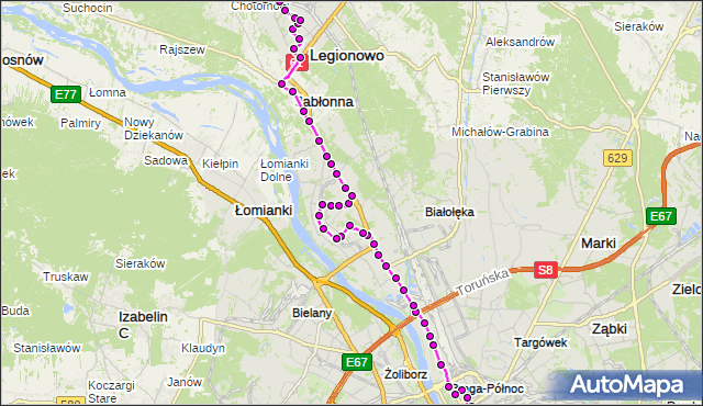 Mapa Polski Targeo, Autobus N63 - trasa DW.CENTRALNY - OS.JAGIELLOŃSKA LG. ZTM Warszawa na mapie Targeo