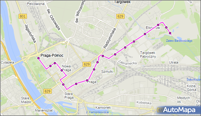 Mapa Polski Targeo, Autobus 170 - trasa RONDO STARZYŃSKIEGO - ELSNERÓW. ZTM Warszawa na mapie Targeo