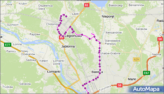 Mapa Polski Targeo, Autobus 736 - trasa STAROSTWO POWIATOWE LG - ŻERAŃ FSO. ZTM Warszawa na mapie Targeo