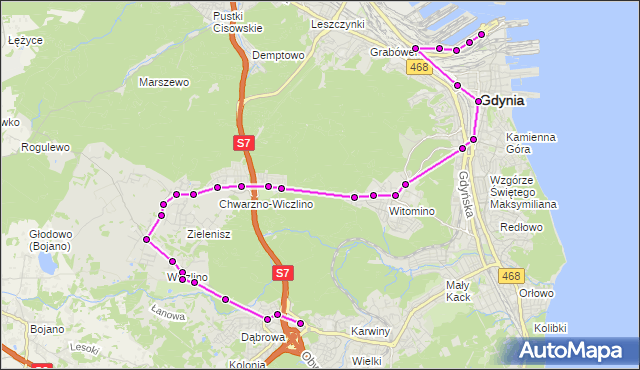 Mapa Polski Targeo, Autobus 147 - trasa Chrzanowskiego - Dąbrowa Tesco. ZKMGdynia na mapie Targeo