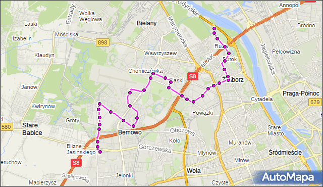 Mapa Polski Targeo, Autobus 122 - trasa OS.GÓRCZEWSKA - GWIAŹDZISTA. ZTM Warszawa na mapie Targeo