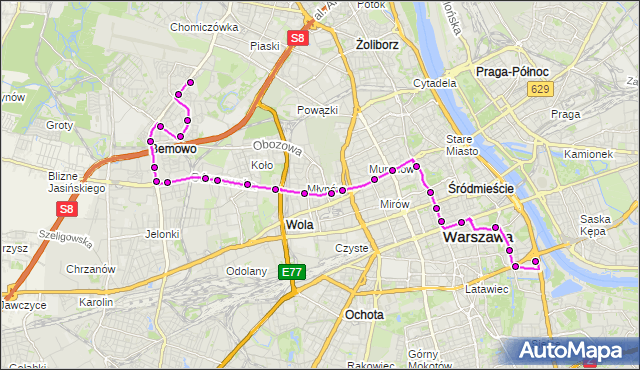 Mapa Polski Targeo, Autobus 171 - trasa TORWAR - NOWE BEMOWO. ZTM Warszawa na mapie Targeo