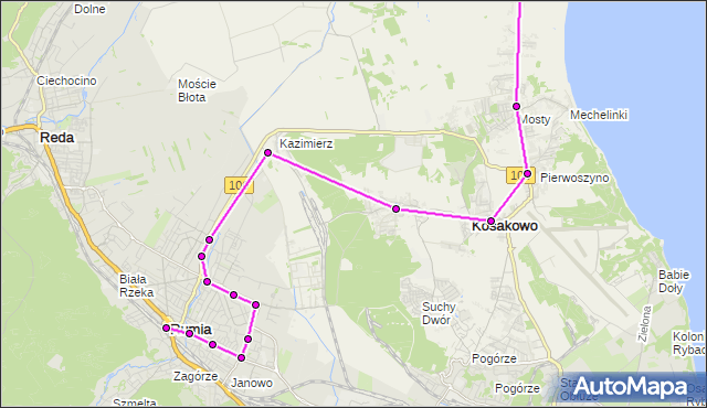 Mapa Polski Targeo, Autobus M - trasa Rewa - Słoneczna - Rumia Dworzec PKP. ZKMGdynia na mapie Targeo