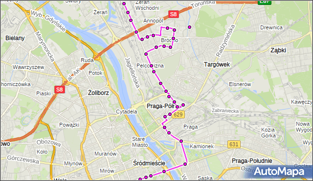 Mapa Polski Targeo, Autobus N64 - trasa MARCELIN - DW.CENTRALNY. ZTM Warszawa na mapie Targeo