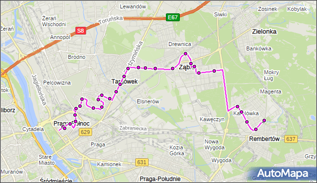 Mapa Polski Targeo, Autobus 199 - trasa REMBERTÓW-AON - PL.HALLERA. ZTM Warszawa na mapie Targeo