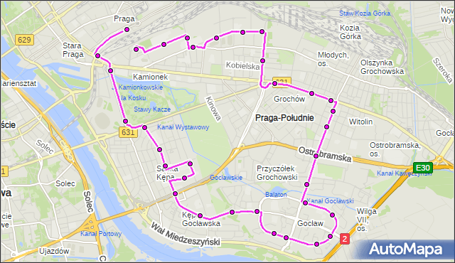 Mapa Polski Targeo, Autobus 123 - trasa DW.WSCHODNI (LUBELSKA) - DW.WSCHODNI (KIJOWSKA). ZTM Warszawa na mapie Targeo