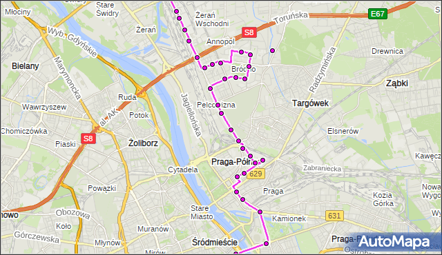 Mapa Polski Targeo, Autobus N64 - trasa PŁYTOWA - DW.CENTRALNY. ZTM Warszawa na mapie Targeo