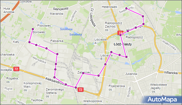 Mapa Polski Targeo, Autobus 89 - trasa Świtezianki - Szczecińska (cmentarz). MPKLodz na mapie Targeo