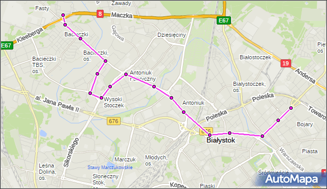 Mapa Polski Targeo, Autobus 9 - trasa - Zajezdnia; dojazd do przystanku:SIENKIEWICZA/RYSKA(419)(nr inw. 419). BKM na mapie Targeo