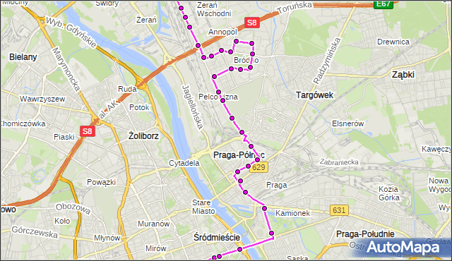 Mapa Polski Targeo, Autobus N64 - trasa DW.CENTRALNY - MARCELIN. ZTM Warszawa na mapie Targeo