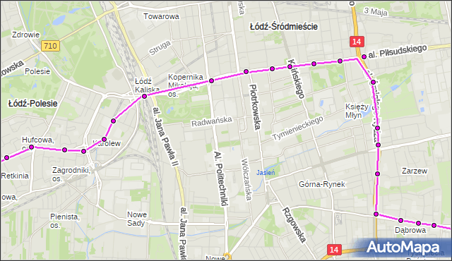 Mapa Polski Targeo, Tramwaj 14 - trasa Wyszyńskiego - Dąbrowa. MPKLodz na mapie Targeo