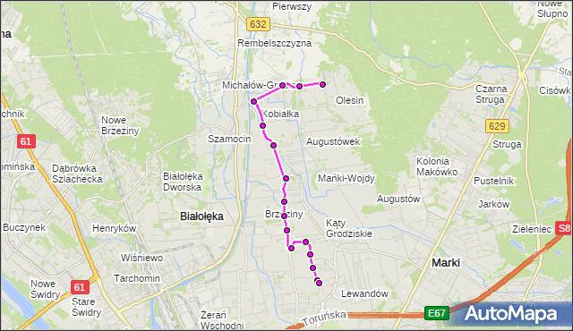 Mapa Polski Targeo, Autobus 304 - trasa OLESIN - OS.DERBY. ZTM Warszawa na mapie Targeo