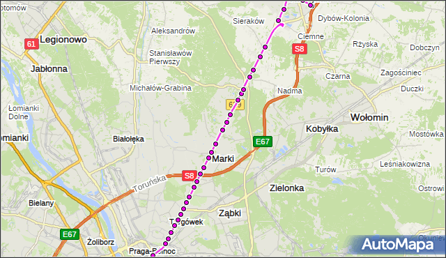 Mapa Polski Targeo, Autobus 738 - trasa DW.WSCHODNI (KIJOWSKA) - OS.VICTORIA RD. ZTM Warszawa na mapie Targeo