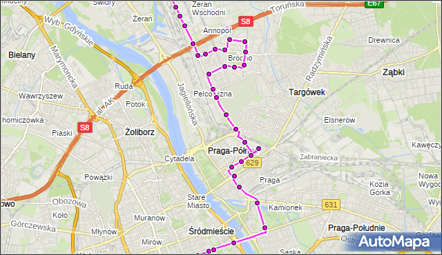 Mapa Polski Targeo, Autobus N64 - trasa DW.CENTRALNY - MARCELIN. ZTM Warszawa na mapie Targeo