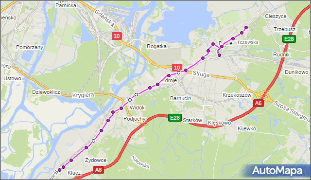 Mapa Polski Targeo, Autobus 64 - trasa Klucz Pętla - Dąbie Osiedle. ZDiTM Szczecin na mapie Targeo