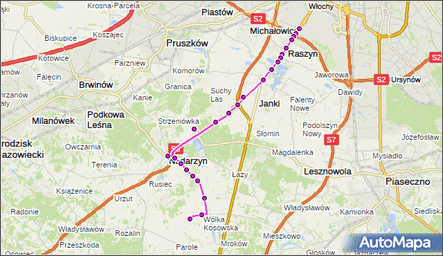 Mapa Polski Targeo, Autobus 703 - trasa OKĘCIE - KOSÓW KX. ZTM Warszawa na mapie Targeo