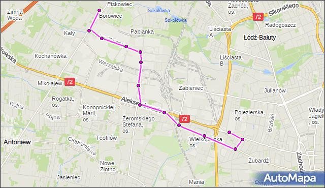 Mapa Polski Targeo, Autobus 89 - trasa Szczecińska (cmentarz) - zajezdnia LIMANOWSKIEGO. MPKLodz na mapie Targeo