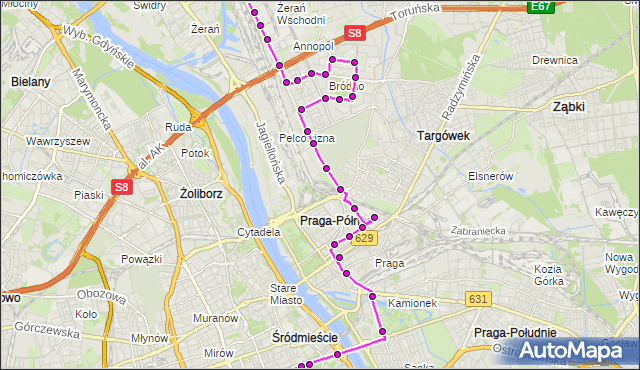 Mapa Polski Targeo, Autobus N64 - trasa DW.CENTRALNY - PŁYTOWA. ZTM Warszawa na mapie Targeo