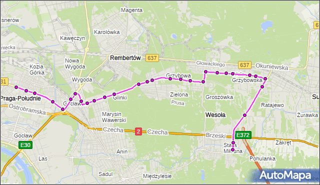Mapa Polski Targeo, Autobus 173 - trasa STARA MIŁOSNA - WIATRACZNA. ZTM Warszawa na mapie Targeo